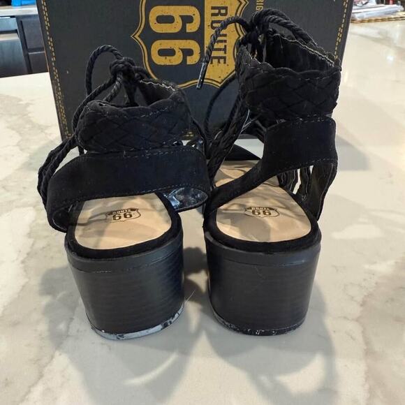 Route 66 Marcia LaceUp Wedge Dress Sandals Womens 7 Black ChunkyHeel WovenStraps - Picture 2 of 9